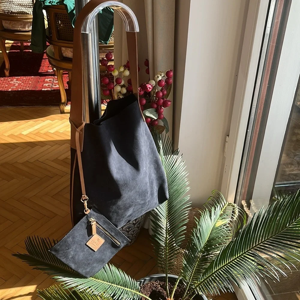 Navy Blue Suede Hobo Shoulder Bag with Tan Strap